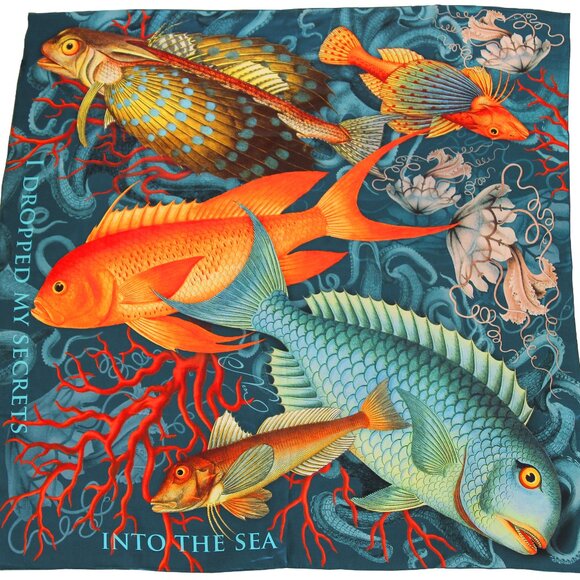 Square 36x36" 100% silk charmeuse scarf "Secrets" grey blue coral reef fish - Picture 1 of 6
